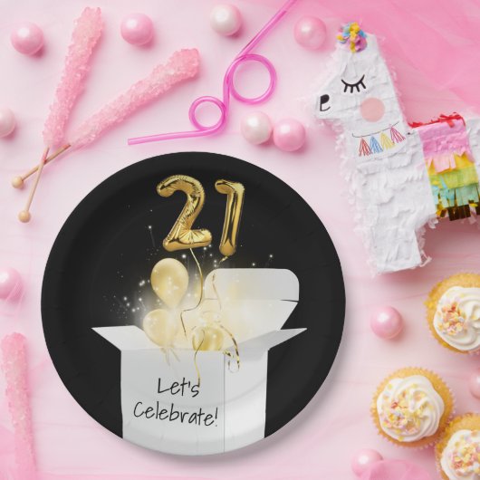 21歳の誕生日金ゴールドバルーンを白い箱に ペーパープレート (パーティー)
