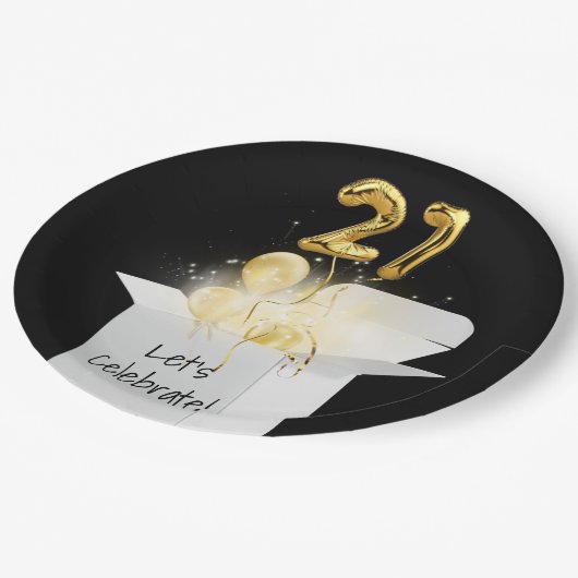 21歳の誕生日金ゴールドバルーンを白い箱に ペーパープレート (アングル)