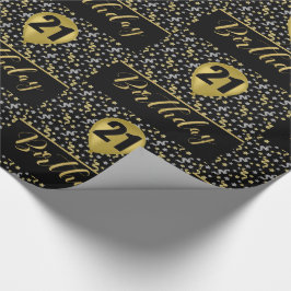 21歳の誕生日金ゴールドバルーン付き黒紙吹雪 ラッピングペーパー