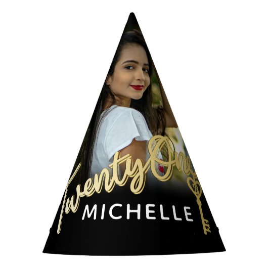 21歳の誕生日金ゴールドパーソナライズされた鍵の写真名 パーティーハット (正面)