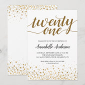 21歳の誕生日金ゴールドモダン紙吹雪ドットスクリプト 招待状 (正面/裏面)