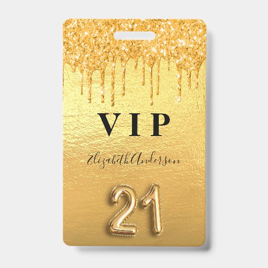 21歳の誕生日金色グリッターVIPパーティー バッジ (正面)