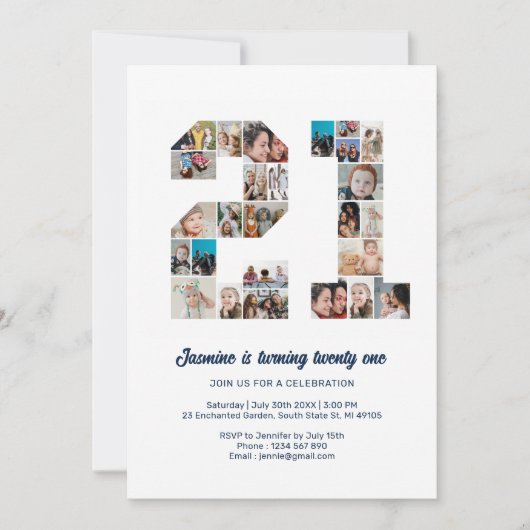 21歳の誕生日21カスタム歳フォトコラージュ 招待状 (正面)