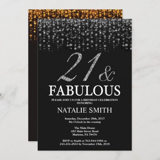 21歳の誕生日21歳と素晴らしい銀 招待状 (正面/裏面)