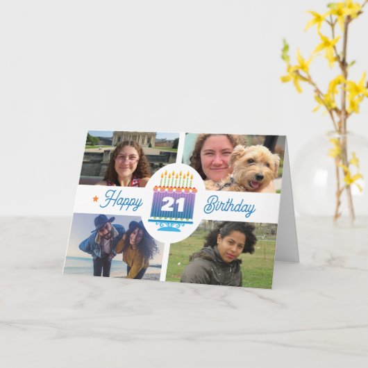 21歳の誕生日4カスタム枚ケーキカラフルキャンドル カード (黄色い花)