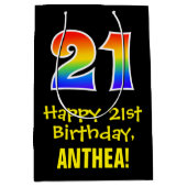 21歳の誕生日：おもしろいはっきりした、カラフルレインボー"21" ミディアムペーパーバッグ (正面)