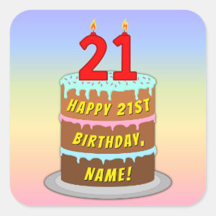 21歳の誕生日:おもしろいケーキとキャンドル+名前をカスタムする スクエアシール