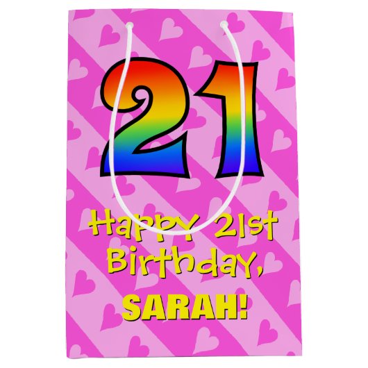 21歳の誕生日：おもしろいピンクハートストライプ; Rainbow 21 ミディアムペーパーバッグ (正面)