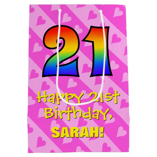 21歳の誕生日：おもしろいピンクハートストライプ; Rainbow 21 ミディアムペーパーバッグ (裏面)