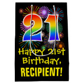 21歳の誕生日:おもしろい花火パターン+虹21 ミディアムペーパーバッグ (裏面)