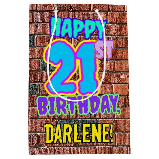 21歳の誕生日：おもしろい、アーバングラフィティインスパイアルック ミディアムペーパーバッグ (正面)