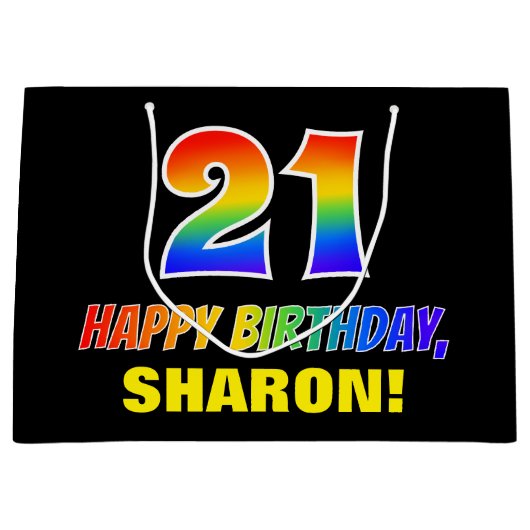 21歳の誕生日：はっきりした,おもしろい,シンプル虹， 21 ラージペーパーバッグ (正面)