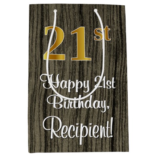 21歳の誕生日：エレガントフェイク金ゴールドルック#,フェイク Wood ミディアムペーパーバッグ (正面)