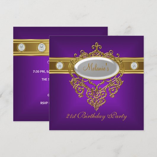 21歳の誕生日 エレガント パープル ラ lace ホワイト ゴールド 招待状 (正面/裏面)