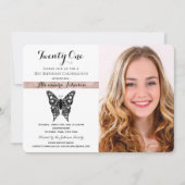 21歳の誕生日 エレガント ピンク ブラック＆ホワイト フォト 招待状 (正面)