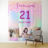 21歳の誕生日 カスタム フォト レインボー ローズゴールド ピンク タペストリー (インサイチュ)