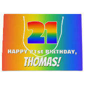 21歳の誕生日:カラフルおもしろいレインボーパターン# 21 ラージペーパーバッグ (正面)