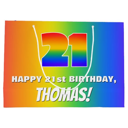 21歳の誕生日:カラフルおもしろいレインボーパターン# 21 ラージペーパーバッグ (裏面)