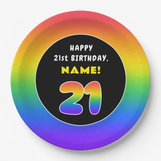 21歳の誕生日：カラフル虹#21,名前をカスタムする ペーパープレート (正面)