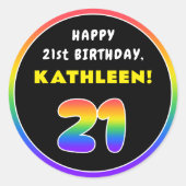 21歳の誕生日:カラフル虹#21,名前をカスタムする ラウンドシール (正面)