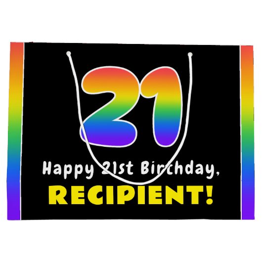21歳の誕生日:カラフル虹#21,名前をカスタムする ラージペーパーバッグ (裏面)
