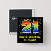 21歳の誕生日：カラフル音楽シンボル、レインボー21 缶バッジ (正面&裏面)