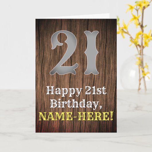 21歳の誕生日:カントリーインスパイアウエスタンルック、名前 カード (黄色い花)