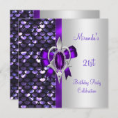 21歳の誕生日 シルバーグリッター 紫色 ダイヤモンド リボン 招待状 (正面/裏面)