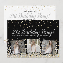 21歳の誕生日 シルバーゴールドのコンフェティフォトコラージュ 招待状
