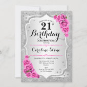 21歳の誕生日 – シルバーストライプローズピンク 招待状 (正面)