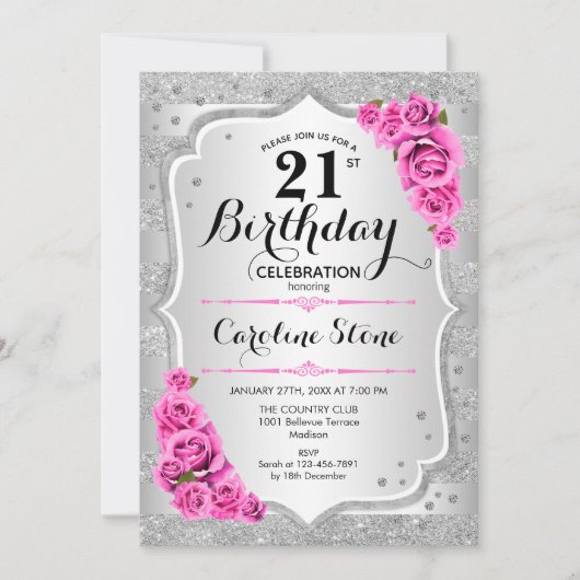 21歳の誕生日 – シルバーストライプローズピンク 招待状 (正面)