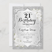 21歳の誕生日 – シルバーストライプローズホワイト 招待状 (正面)