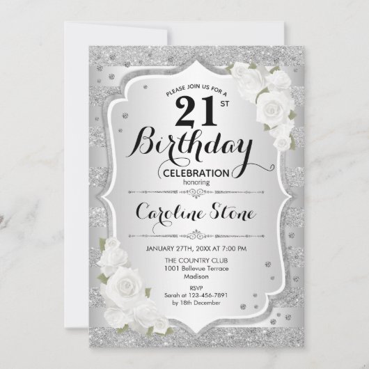 21歳の誕生日 – シルバーストライプローズホワイト 招待状 (正面)