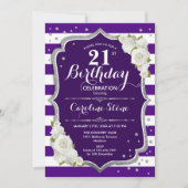 21歳の誕生日 – シルバーパープルホワイトストライプバラ 招待状 (正面)