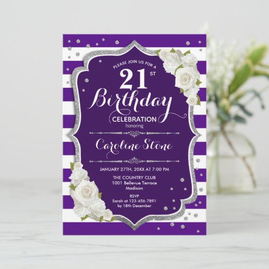 21歳の誕生日 – シルバーパープルホワイトストライプバラ 招待状 (スタンド正面)