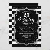 21歳の誕生日 – シルバー白黒ストライプズ 招待状 (正面/裏面)