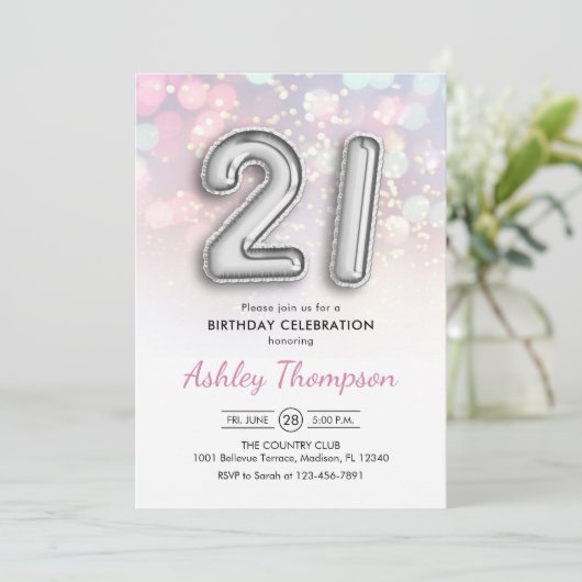21歳の誕生日 – シルバー風船ピンクライト 招待状 (スタンド正面)