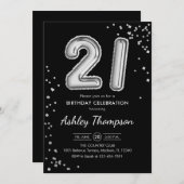 21歳の誕生日 – シルバー・バルーン・ブラック 招待状 (正面/裏面)