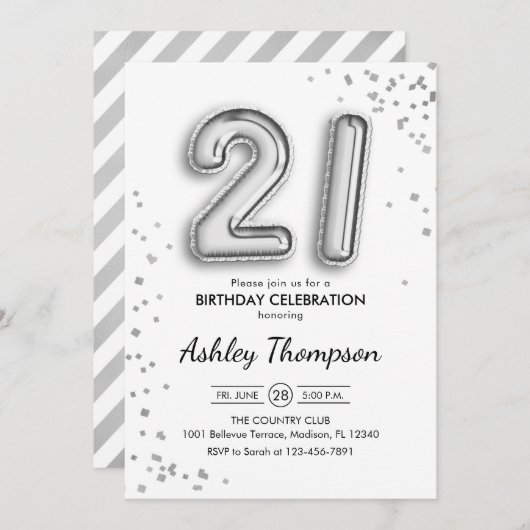 21歳の誕生日 – シルバー・バルーン 招待状 (正面/裏面)