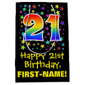 21歳の誕生日：スターカラフルパターン&レインボー21 ミディアムペーパーバッグ (正面)