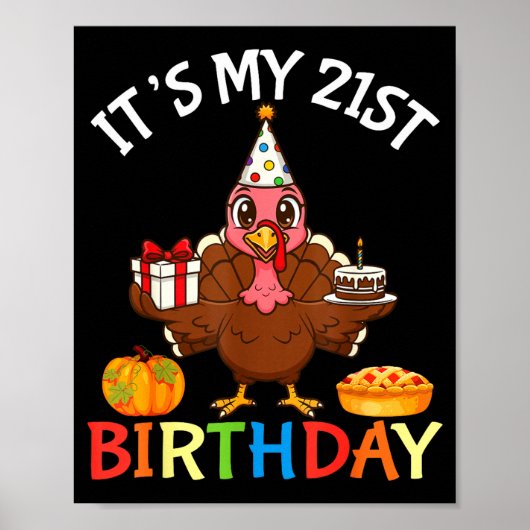 21歳の誕生日+ターキー+ケーキ+プレゼントのかぼちゃ ポスター (正面)