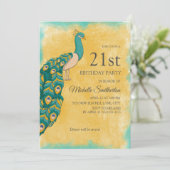 21歳の誕生日 ティール イエロー 水彩 ペコック 招待状 (スタンド正面)