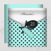 21歳の誕生日 ティール ブラック ホワイト ポルカドット リボン 画像 招待状 (正面/裏面)