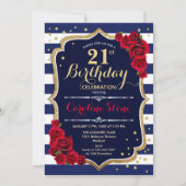 21歳の誕生日 – ネイビーストライプホワイトと赤のバラ 招待状 (正面)