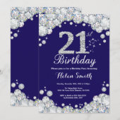 21歳の誕生日 ネイビーブルーとシルバーダイヤモンド 招待状 (正面/裏面)