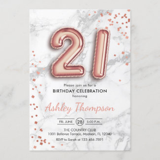 21歳の誕生日 – バラ金ゴールドバルーン大理石効果 招待状