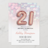 21歳の誕生日 – バラ金ゴールドバルーンPink Lights 招待状 (正面/裏面)