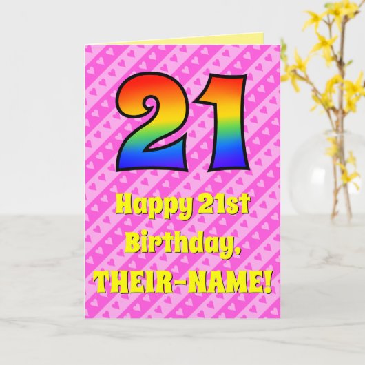 21歳の誕生日:ピンクストライプのハートとレインボー# 21 カード (黄色い花)
