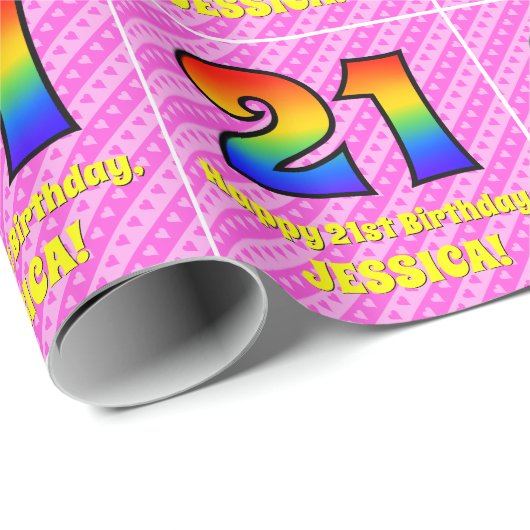 21歳の誕生日:ピンクストライプのハートとレインボー# 21 ラッピングペーパー (ロールコーナー)