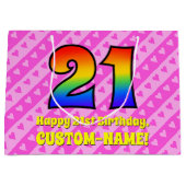 21歳の誕生日：ピンクストライプのハートとレインボー# 21 ラージペーパーバッグ (正面)